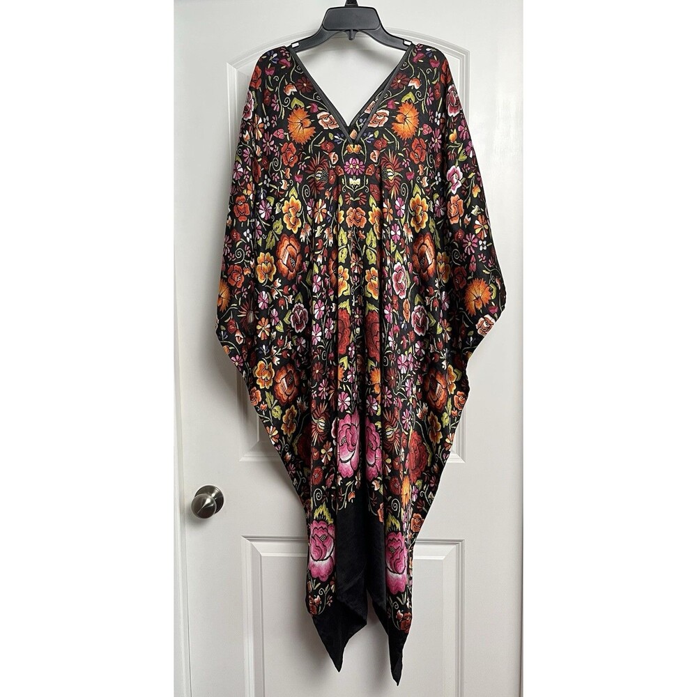 Pineda Covalin Flores de Juchitan 100% Silk Kaftan Huipil Poncho One Size $693